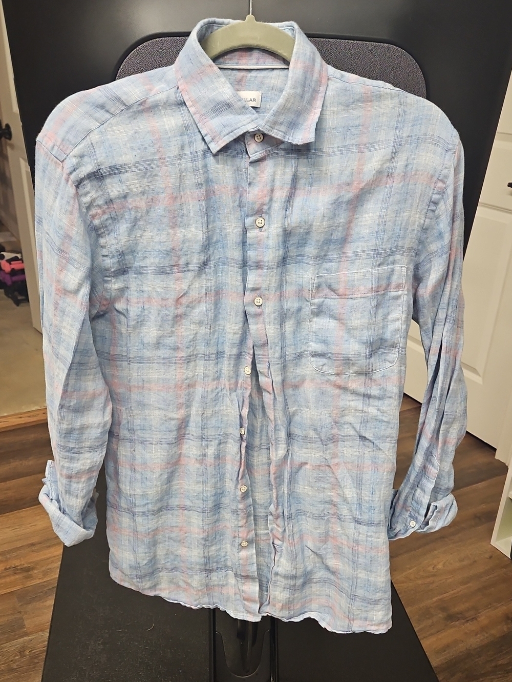Peter Millar Blue and Pink Plaid Linen Button-Down Shirt